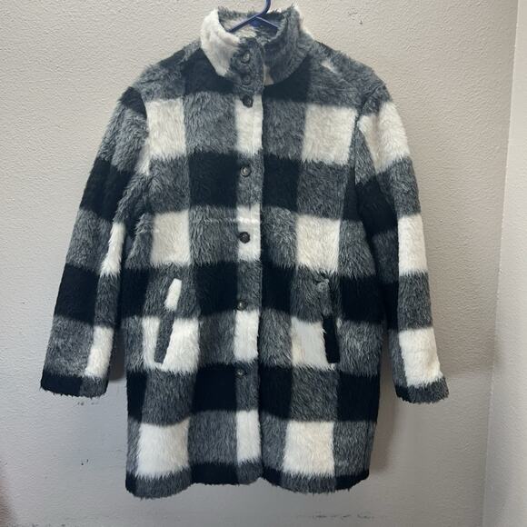 Marine Layer Button Up Wool Blend Peacoat Size Medium Gingham Plaid Coat Sherpa - Picture 2 of 5